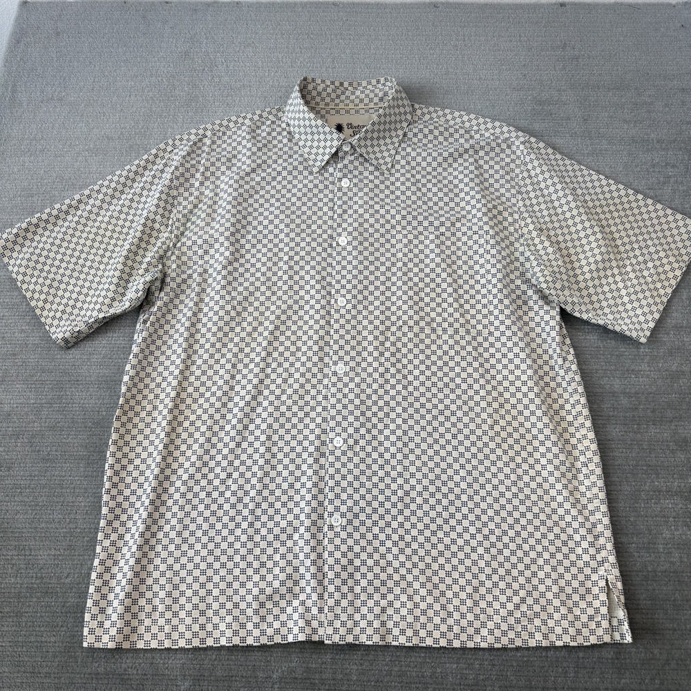 Vintage Silk Button Down Shirt Mens XL Beige Abstract 100% Silk Short Sleeve